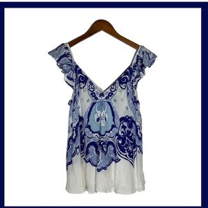 Anthropologie Maeve Blue Paisley Deep V Neck Tank Blouse Sz 14